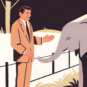Ronald Reagan, in his finest suit, stands amidst lush greenery, gently interacting with a baby elephant at the National Zoo. The elephant's small trunk reaches out curiously.