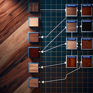 Digital process flowchart. Dark grid background. Steps and connections outlined with nodes and lines. Creating wood floor texture in Substance Designer. Start with importing wood samples, then use procedural textures, apply noise for realistic imperfections, adjust parameters for preferred grain, finalize with layer blending modes, export texture.
