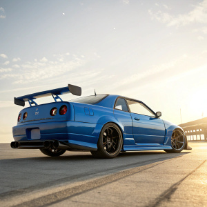 Illustration of a sleek blue Nissan Skyline R34 on a bright sunny day. Wide stance, black wheels, and rear wing. Neutral background with hints of sunshine