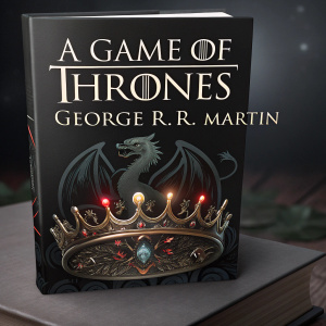 Book cover for 'A Game of Thrones' by George R.R. Martin. Modern digital art style. Dark background, stylized crown and dragon emblem on front.