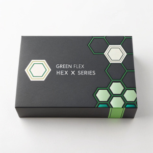 Packaging design for Green Flex Hex X Series. Dark-colored cardboard with sleek, modern hexagonal cutouts. Accentuated with lighter hues for a contemporary, angular aesthetic.
