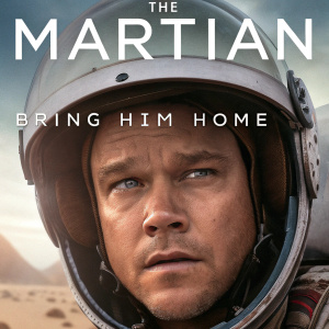 Movie Poster: The Martian. Matt Damon, starring as Mark Watney, shows intense determination. Close-up, gray and desert hues dominate background, blurred for focus on his face. Prominent text reads 'Bring Him Home'