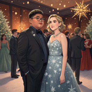 Jacob Batalon and Kiernan Shipka at a winter gala. Jacob in a sleek black suit, Kiernan in a sparkling gown adorned with snowflakes. They stand in a cozy, warmly lit room filled with guests.