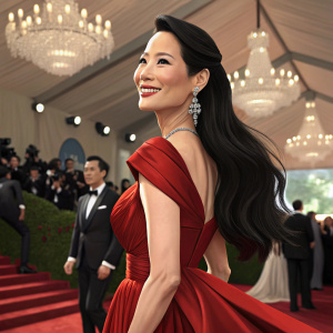 Lucy Liu at the Met Gala. Asian-American actress, long black hair, beaming smile, elegant red dress.