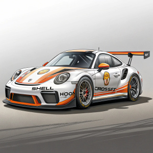 White and orange Porsche 911 GT3 RS racing car. Shiny sponsor logos including Shell, Crossfit, and Hoonigan prominently displayed. Sleek racing body with aerodynamic design. Large headlights and distinctive front grille.