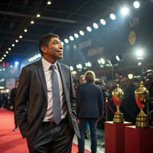 Giovane Elber, former soccer player, in a business suit. Attending a football gala. Crowded hall with spotlights and trophies.