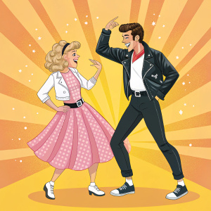 Promotional poster for Grease musical. Features cartoon illustrations of a man and woman in casual poses. Vibrant sunburst background.