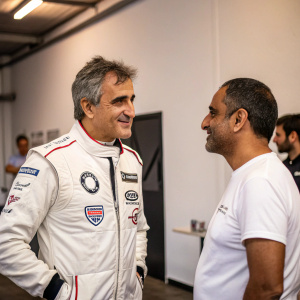 Michael Doohan and Juan Pablo Montoya having a casual chat at an indoor event. Michael is in a white jacket with logos and patches, while Juan is in a white t-shirt. The background is an indoor setting with minimal decorations.