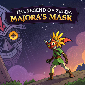 Promotional graphic for The Legend of Zelda: Majora's Mask. Top banner in bold yellow text. Central focus is Link in a vibrant, cartoon-like style. Right side features a striking, alien-like character with glowing eyes. Background is a swirling mix of colors and stars, representing a mysterious and adventurous atmosphere.