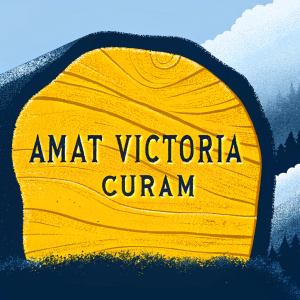 The words 'Amat victoria curam' are etched on a vintage, wooden plaque. Subtle grain patterns add texture.