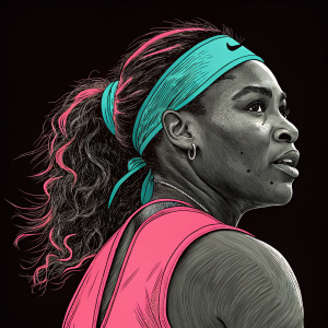 Digital portrait of Serena Williams. Sketch-like illustration with pink and teal colors. Black background. Serena Williams in action pose.
