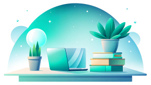 Three books and a laptop on the desk