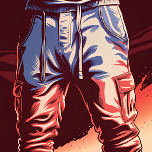3D rendered digital art of dark grey sweatpants. Athletic wear with pocket and drawstring. Moody, textured, dark background.
