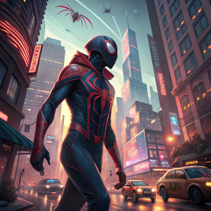 Miles Morales, masked superhero, standing in a futuristic cityscape. Digital artwork