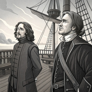 Black and white flat design illustration of Oliver Cromwell and John Hampden. They stand on a wooden deck with a mast-like structure behind them. Detailed lines and shading emphasize the historical setting.
