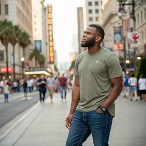 Manuel Margot, San Diego Padres player, standing on a busy city street. He's wearing a casual t-shirt and jeans. Background is vibrant with many people walking by