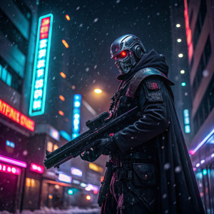 A cyberpunk character, with a chrome face and a single glowing red eye, wielding a massive high-tech weapon. The scene is set in a neon-lit cityscape at night, with snow gently falling.