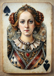 Vintage 19th century playing card, Queen of spades, photorealism, drawing details