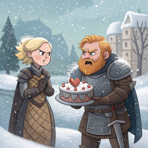 Cartoony Brienne of Tarth and Tormund Giantsbane standing amidst a snowstorm in Winterfell. Brienne in armor, Tormund holding a cake with a heart. Both have angry faces. Snowflakes falling