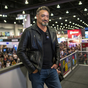 Aleks Paunovic at Comic-Con. Wearing a black leather jacket and jeans. Crowds and convention booths in the background.