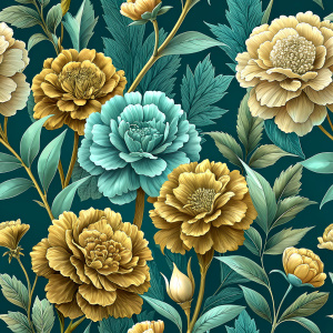 Teal and Gold of beautiful blooming carnations flowers, Seamless Pattern