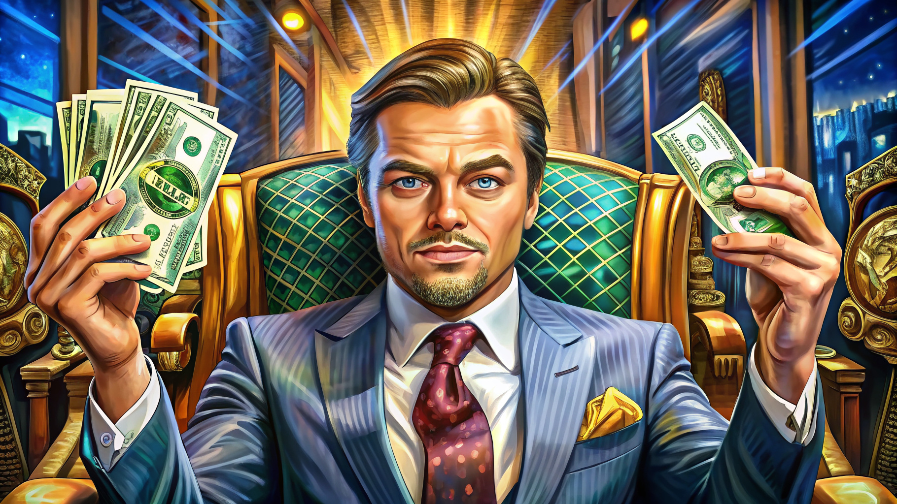 recreate the image from the film the wolf of wall street played by leonardo dicaprio holding a 100 dollar bill with both hands in front of the camera sitting in his luxury chair in a dynamic medium scene