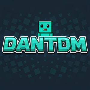 DanTDM's Minecraft logo. Teal block-like character, bold font. Dark background with pixelated texture