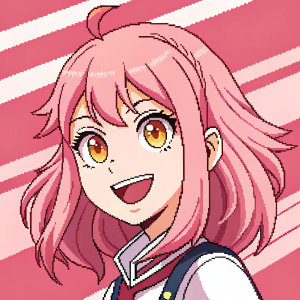 Pixel art illustration of Chisato Isariba from My Hero Academia. Cheerful expression, pink hair, golden eyes. Stylized, bold striped background.