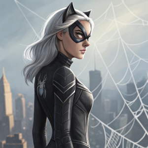 Digital artwork featuring Black Cat from Spider-Man. Standing pose, close-up on her face. She is in a black and gray costume. Cityscape background filled with web-like lines.