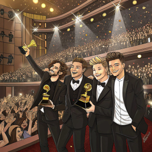 One Direction members on stage, wearing black suits. Accepting golden grammys. Crowded auditorium