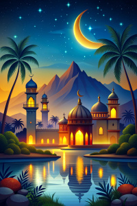 cresent,  eid lantern, Malay village, house, ramadan, coconut trees, river, nights with mosque behind