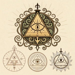 Concept art featuring Bill Cipher's logo. Various sketches and design iterations.