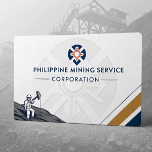 Business card for Philippine Mining Service Corporation. Modern design featuring logo, phone number, email address, and website URL.