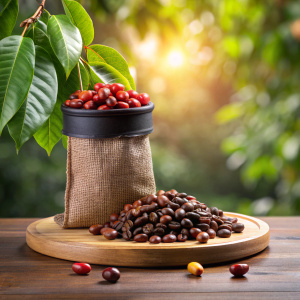 black bag of coffee on a light round podium. Light uniform background. On the sides there is a coffee tree with red coffee berries. Avoid coffee beans and coffee powder.