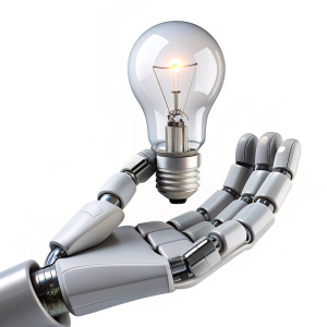 Ai robot hand holding lightbulb isolated on white background







