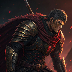Digital illustration: Guts from Berserk riding Behelit. Intense close-up. Guts in dark armor with red and gold accents. Behelit's golden face and textured organic skin visible. Dark, ominous red background. Lighting highlights Guts and Behelit in dramatic fashion.