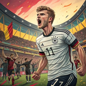 Timo Werner in a vibrant stadium, wearing the Germany jersey number 11. Dynamic pose during an intense match, surrounded by fans and players.