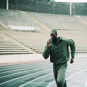 Kirani James, Grenadian sprinter, training in an empty stadium. Wearing green tracksuit, intense focus on face.