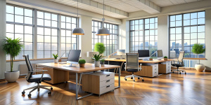 3D render interior design Office Room . Office desks with office chairs. Concept of working place. 3d rendering