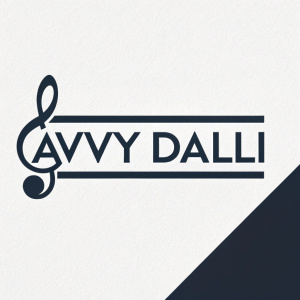 Avvy Dalli, sleek logo design. Modern sans-serif font intertwined with a musical note symbol. Set against a stark white backdrop, the logo transforms into a striking black hue on a contrasting dark background, exuding a blend of contemporary elegance and professional flair.