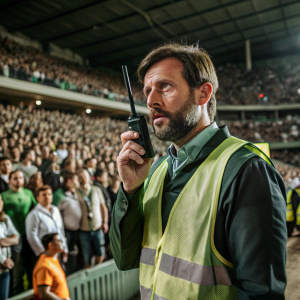 confused man in a reflective vest with walkie-talkie in hand, stadium, a lot of spectators