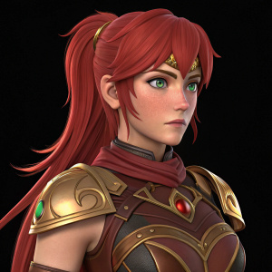 Pyrrha Nikos, character from RWBY series, intense gaze, green eyes, long red hair. Wearing brown and gold armor. Against plain black background.