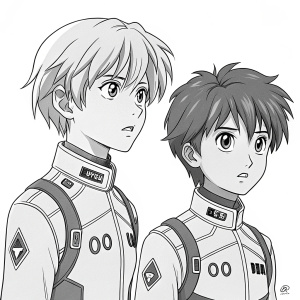 Black and white line-art sketch featuring Shinji Ikari and Kaworu Nagisa from Neon Genesis Evangelion. Simple, flat design with emphasis on expressions and clothing details.