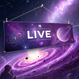 Banner for a Twitch stream featuring 'live' status, social media icons, and a cosmic galaxy theme with purple tones.