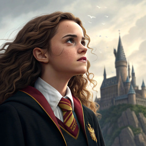 Digital rendering of Hermione Granger from Harry Potter. Wearing Gryffindor tie and detailed curly hair. Hogwarts castle in background