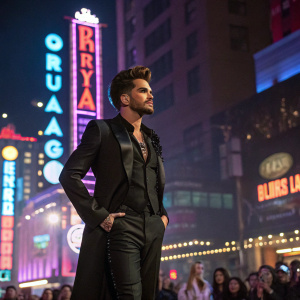 Adam Lambert, in a sleek black outfit, stands confidently on a bustling stage at the 'RuPaul's Drag Race' premiere. The background features a vibrant, neon-lit cityscape.