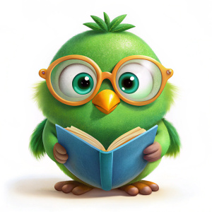 cute green bird wear glasses and read a book on white background