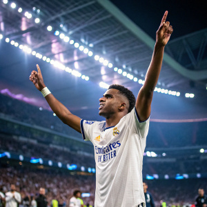 Rodrygo, a Real Madrid player, raising his hands in victory. Inside a bustling stadium, lights bright, crowd cheering.