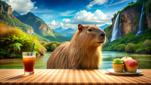 Capybara eating hamburger, bread at a picnic table, on table have apple soda, happy face, The background of the image should be a beautiful waterfall Argentinian landscape