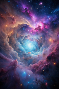 A swirling nebula with intense pinks, blues, and purples surrounding a luminous star cluster, intricate clouds, hyper-realistic, deep space 